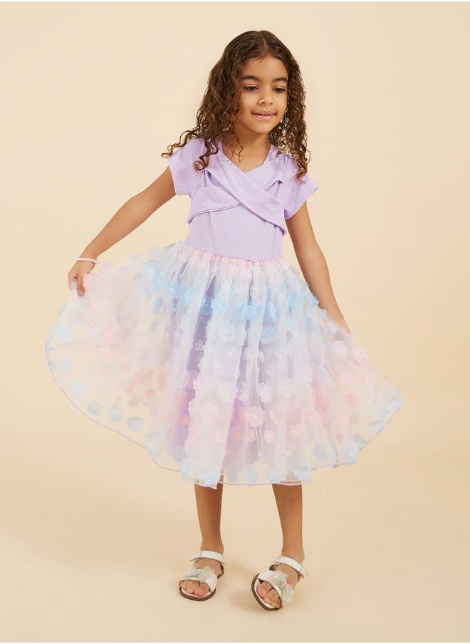 Styli - Butterfly Applique Mesh Short Sleeve Dress - Image 1