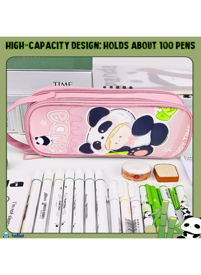فنبلاست حقيبة أقلام فن بلاست - حقيبة باندا لطيفة للبنات، حقيبة أقلام قماشية مزدوجة الطبقات قابلة للتعليق، كبيرة السعة للأطفال، حقيبة أنيقة للبنات، حقيبة تنظيم أدوات مكتبية (وردي) - Image 2