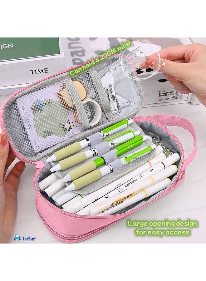 فنبلاست حقيبة أقلام فن بلاست - حقيبة باندا لطيفة للبنات، حقيبة أقلام قماشية مزدوجة الطبقات قابلة للتعليق، كبيرة السعة للأطفال، حقيبة أنيقة للبنات، حقيبة تنظيم أدوات مكتبية (وردي) - Image 4