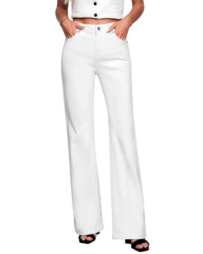 GRAPENT High Waisted White Jeans for Women Stretchy Trousers Long Cream Pants Size 8-10 Medium - Image 1