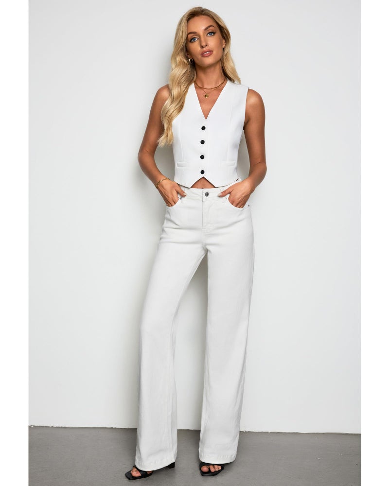 GRAPENT High Waisted White Jeans for Women Stretchy Trousers Long Cream Pants Size 8-10 Medium - Image 5