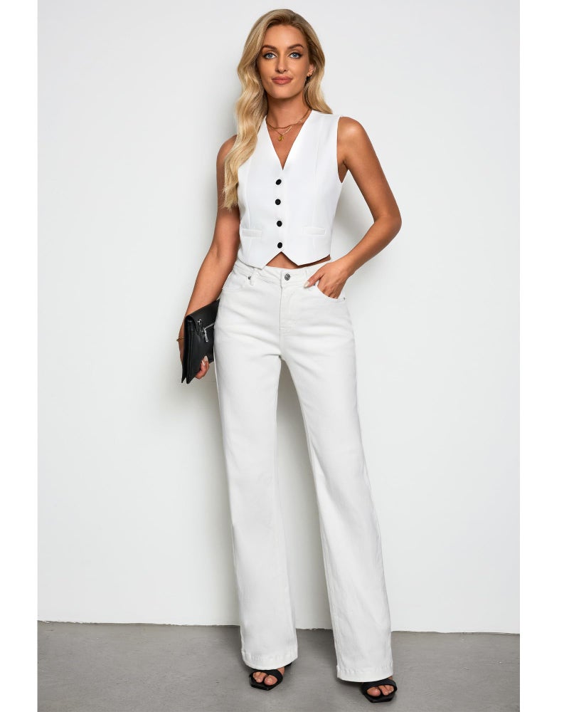 GRAPENT High Waisted White Jeans for Women Stretchy Trousers Long Cream Pants Size 8-10 Medium - Image 4