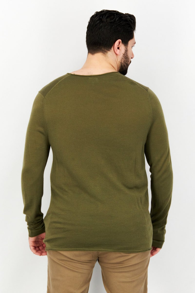 Celio Men V Neck Long Sleeve Plain Sweatshirts, Olive - Image 3