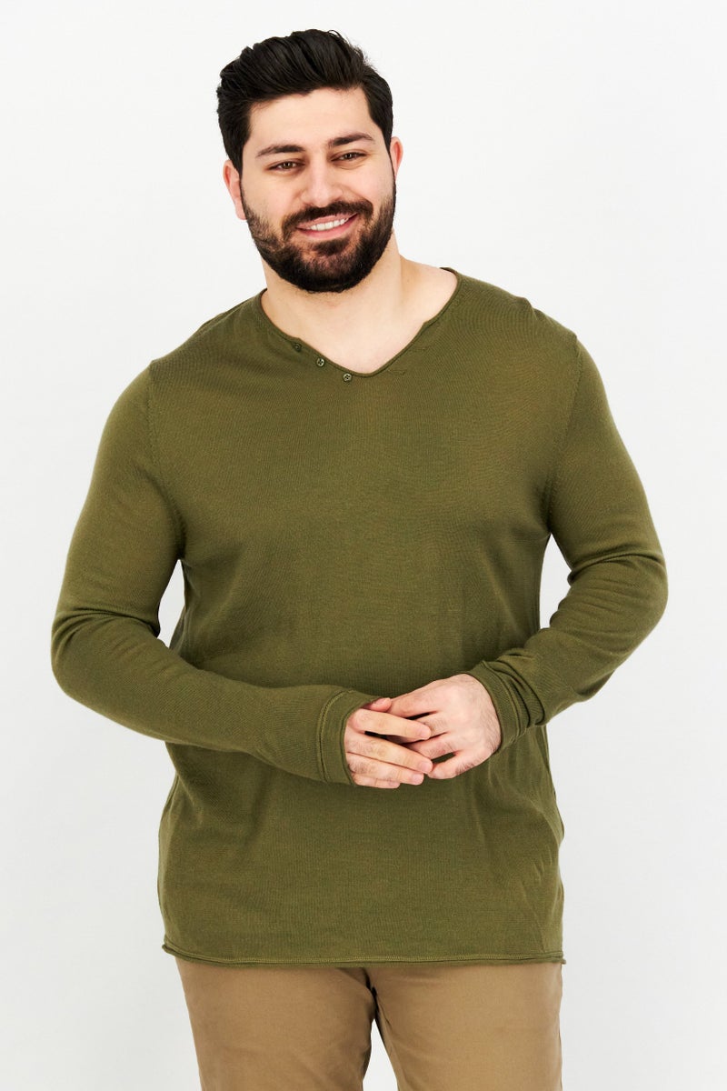 Celio Men V Neck Long Sleeve Plain Sweatshirts, Olive - Image 1