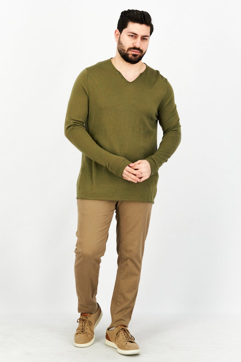 Celio Men V Neck Long Sleeve Plain Sweatshirts, Olive - Image 4