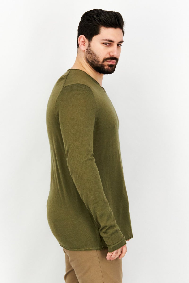 Celio Men V Neck Long Sleeve Plain Sweatshirts, Olive - Image 2