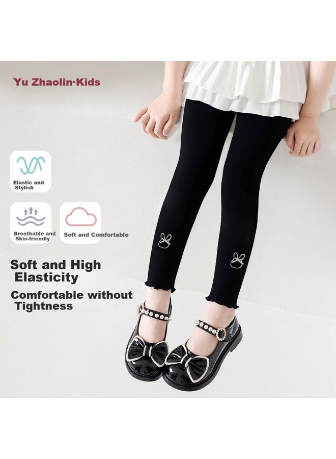 Yuzhaolin Children's Leggings, Girls' Spring High-elastic Slim Pants, Comfortable Breathable Capri Pants For Young Kids, Little Rabbit Bow Tie Desig - Image 1