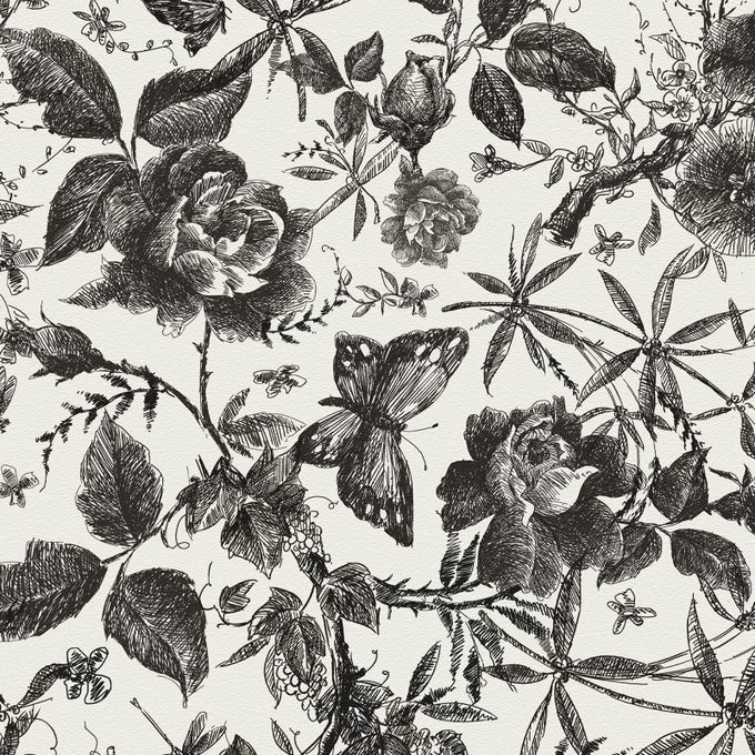 FLORAL VINTAGE WALLPAPER PEEL AND STICK WALL STICK BLACK ROSE REMOVABLE VINYL WALL PAPER SKETCH FLORAL DECOR 1575IN X 118IN