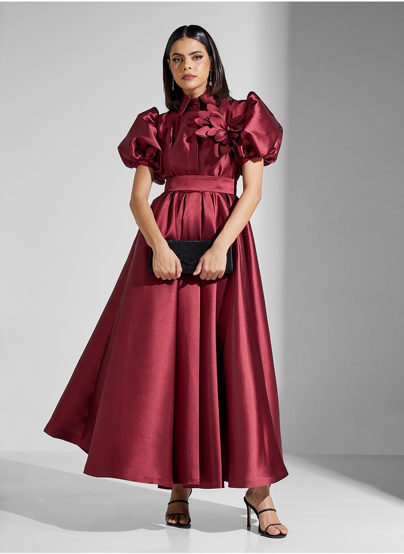 Namshi x Puff Sleeve Collared Fit N Flare Midi Dress With Crosage Detail  - Image 4