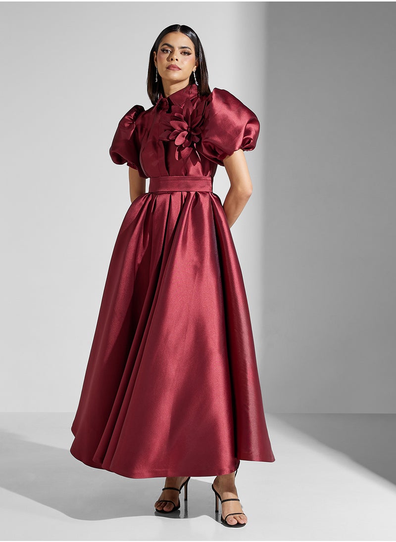 Namshi x Puff Sleeve Collared Fit N Flare Midi Dress With Crosage Detail  - Image 1