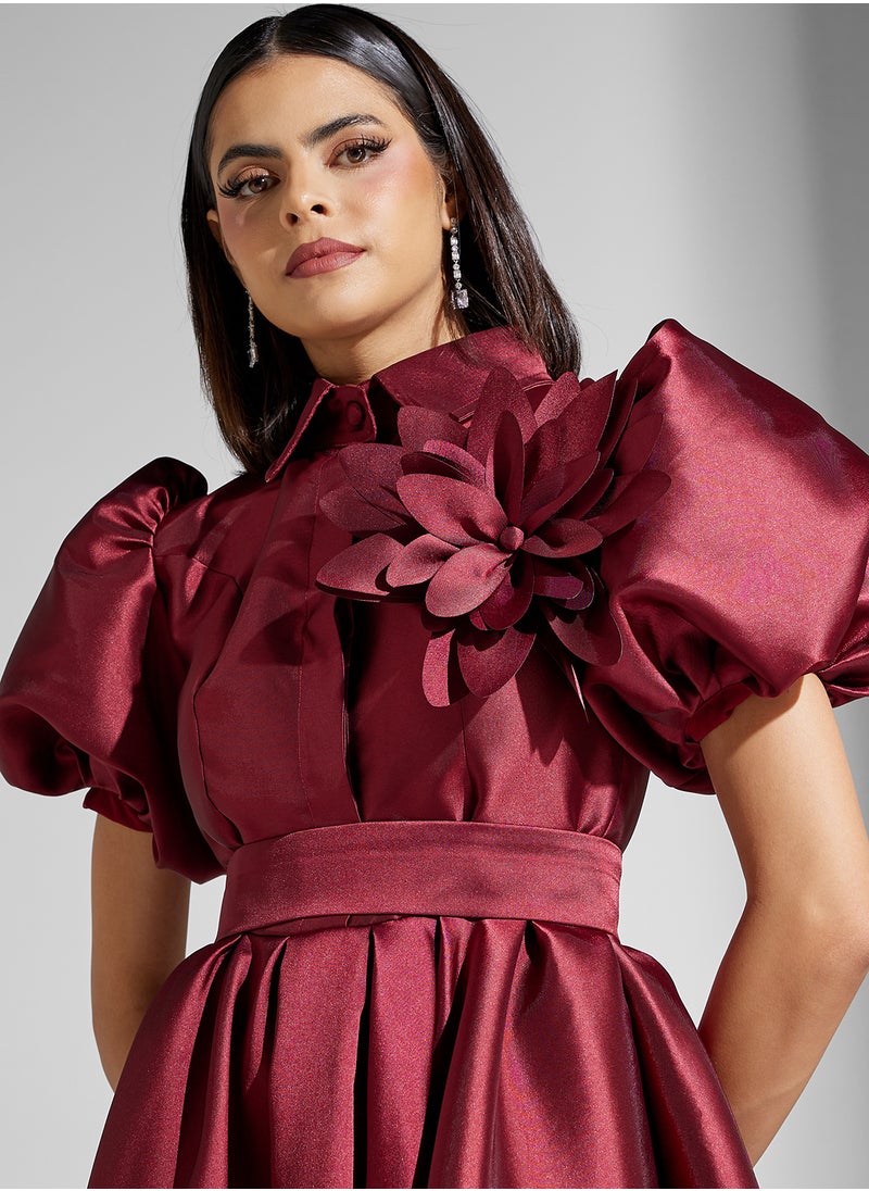 Namshi x Puff Sleeve Collared Fit N Flare Midi Dress With Crosage Detail  - Image 3