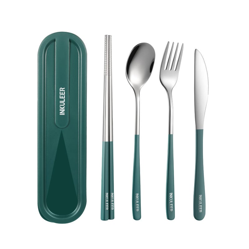 inkuleer Travel cutlery set, 18/8 stainless steel cutlery, Reusable utensils set with case, Portable Silverware Lunch Box for Camping and Office (Green/knife set) - Image 1