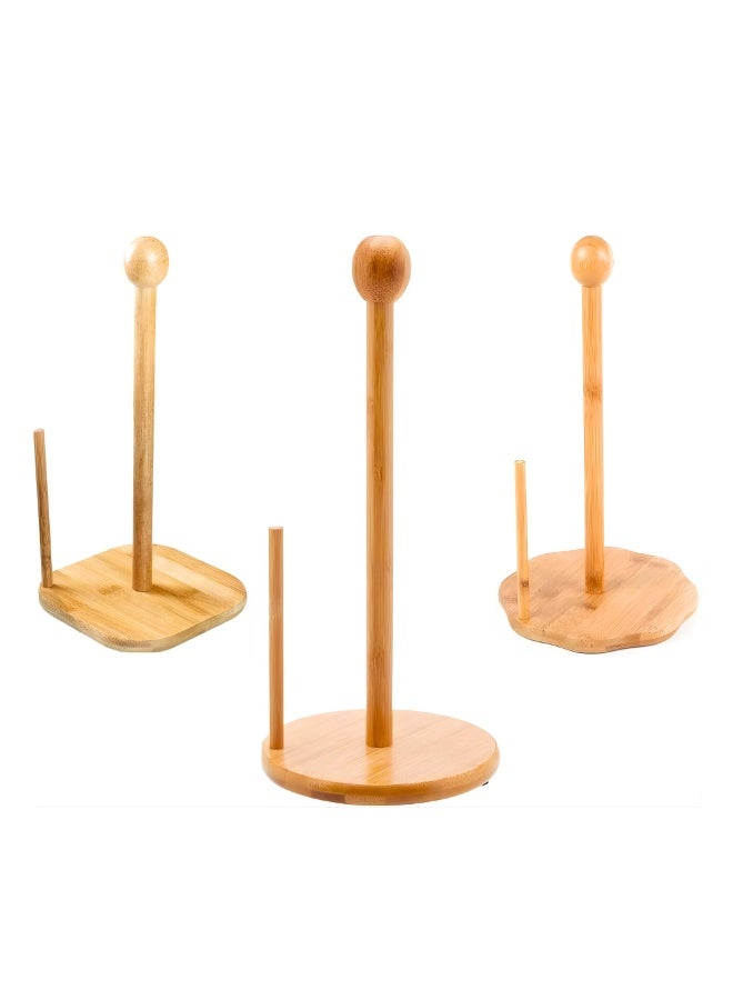 VIO Bamboo Paper Towel Holder Countertop Wooden Tissue Roll Stand Kitchen Paper Towel Roll Holder Rack for Kitchen Bathroom Dining Table Bedroom and Living Room Natural Bamboo Free Standing Paper Towel Dispenser with Anti Skid Base Assorted Round Square or Wavy Base 1 Pc Non Slip Organizer for Toilet Paper and Kitchen Rolls - Image 1