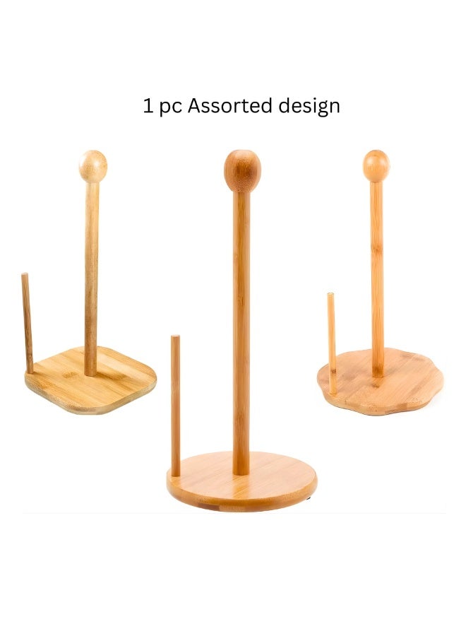 VIO Bamboo Paper Towel Holder Countertop Wooden Tissue Roll Stand Kitchen Paper Towel Roll Holder Rack for Kitchen Bathroom Dining Table Bedroom and Living Room Natural Bamboo Free Standing Paper Towel Dispenser with Anti Skid Base Assorted Round Square or Wavy Base 1 Pc Non Slip Organizer for Toilet Paper and Kitchen Rolls - Image 2