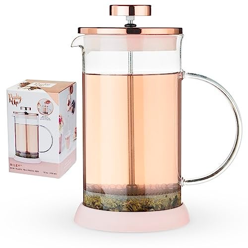 Pinky Up Riley Mini Glass Tea Press Pot, Coffee Maker, French Press for Loose Leaf Tea and Coffee, Hot or Iced Beverage Brewer, 12 oz, Pink - Image 1