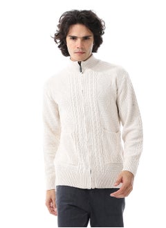 Andora Zipper Closure Multi Knitted Pattern Sweater_Cream Beige  - Image 1
