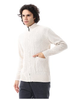 Andora Zipper Closure Multi Knitted Pattern Sweater_Cream Beige  - Image 2