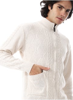 Andora Zipper Closure Multi Knitted Pattern Sweater_Cream Beige  - Image 4