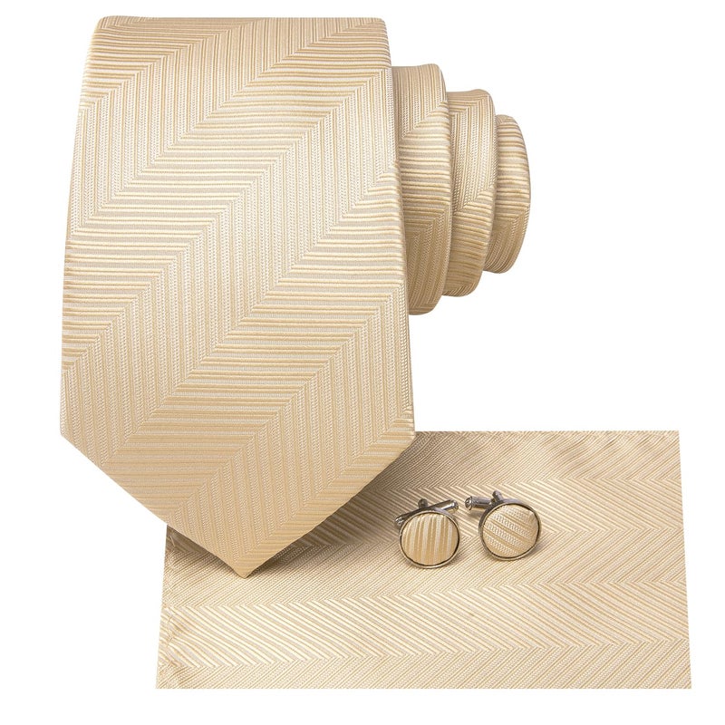 Dubulle Mens Tie Set Solid Paisley Silk Striped Necktie for Men with Cufflinks Tie and Pocket Square,Beige - Image 2