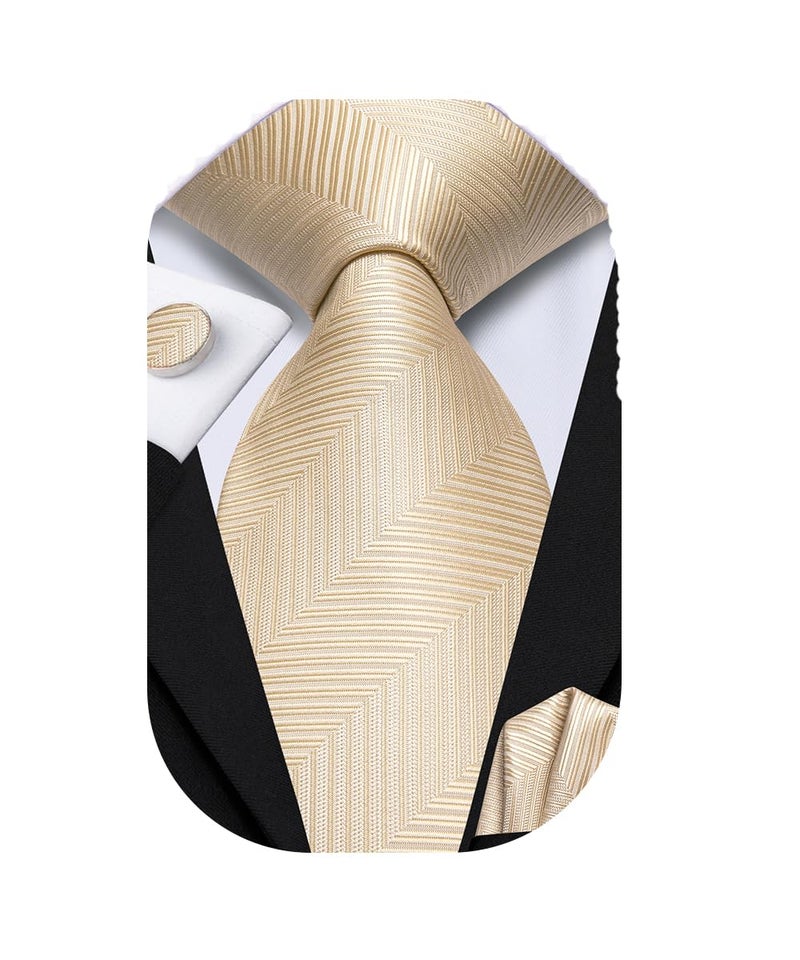 Dubulle Mens Tie Set Solid Paisley Silk Striped Necktie for Men with Cufflinks Tie and Pocket Square,Beige - Image 1