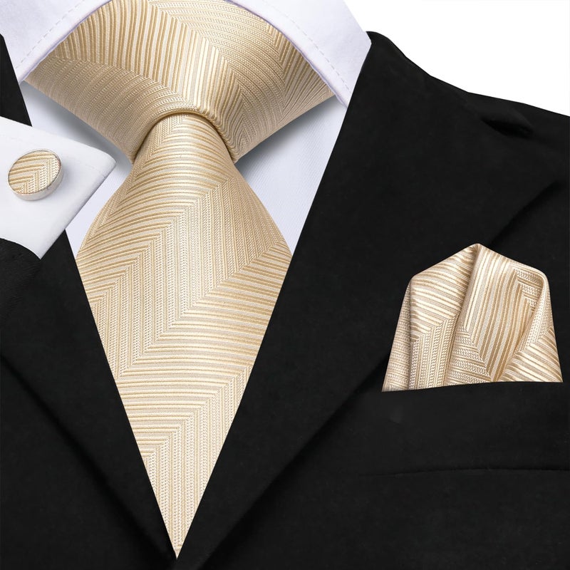 Dubulle Mens Tie Set Solid Paisley Silk Striped Necktie for Men with Cufflinks Tie and Pocket Square,Beige - Image 4