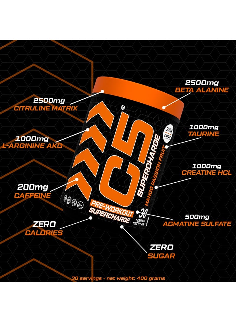 C5 Supercharge Pre Workout Powder Mango Passion Fruit - 30 Servings, 200mg High Caffeine - Sugar Free -Zero Calories - Beta Alanine - Citrulline Malate, Creatine HCL High-Performance PreWorkout Booster Supplement - Image 4