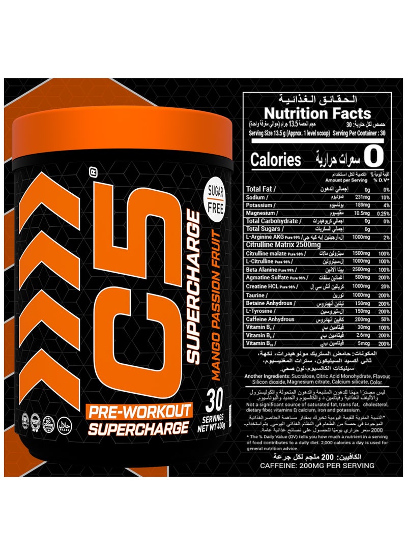 C5 Supercharge Pre Workout Powder Mango Passion Fruit - 30 Servings, 200mg High Caffeine - Sugar Free -Zero Calories - Beta Alanine - Citrulline Malate, Creatine HCL High-Performance PreWorkout Booster Supplement - Image 3