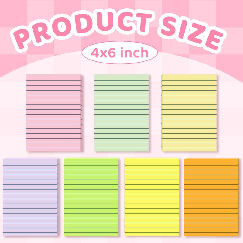 vipstar (15 Pads) Lined Sticky Notes 4x6 in Post, 7 Pastel Colors with Lines Self-Stick Note Pad it, Strong Adhesive, Big Rectangular Sticky Pads for Office, Home, School, Meeting - Image 2