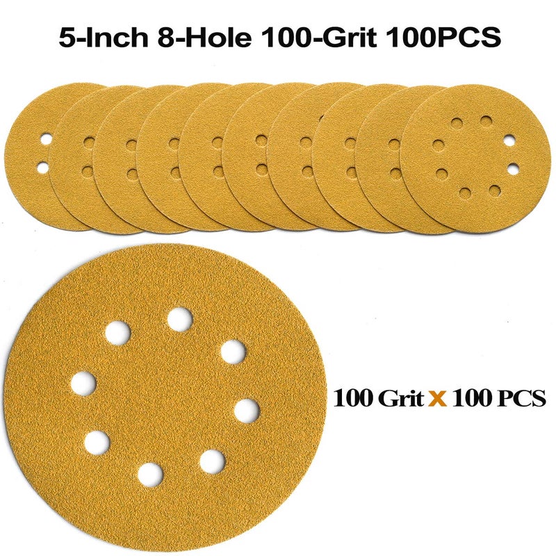 Aiyard 5-Inch 8-Hole Hook and Loop Sanding Discs 100-Grit Random Orbit Sandpaper, 100-Pack - Image 3