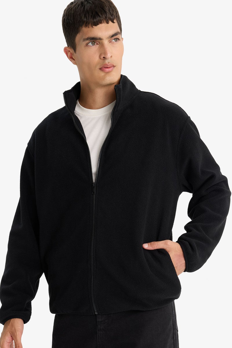 DeFacto Black Man Relax Fit Half Turtleneck Zippered Fleece Cardigan Casual - Image 1