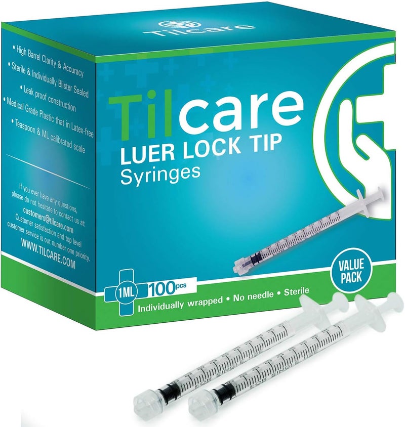 Tilcare 1ml Syringe Without Needle Luer Lock 100 Pack by - Sterile Plastic Medicine Droppers for Children, Pets or Adults – Latex-Free Oral Medication Dispenser - Syringes for Glue and Epoxy - Image 1