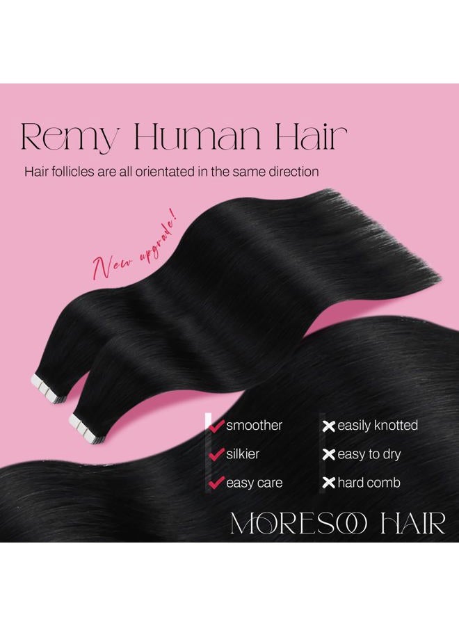 Moresoo Black Tape in Hair Extensions Human Hair Seamless Hair Extensions Tape in Jet Black Hair Extensions Human Hair Tape in Real Hair Extensions Tape in Human Hair 22 Inch #1 20pcs 50g - Image 2