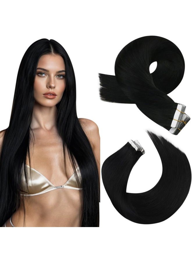 Moresoo Black Tape in Hair Extensions Human Hair Seamless Hair Extensions Tape in Jet Black Hair Extensions Human Hair Tape in Real Hair Extensions Tape in Human Hair 22 Inch #1 20pcs 50g - Image 1