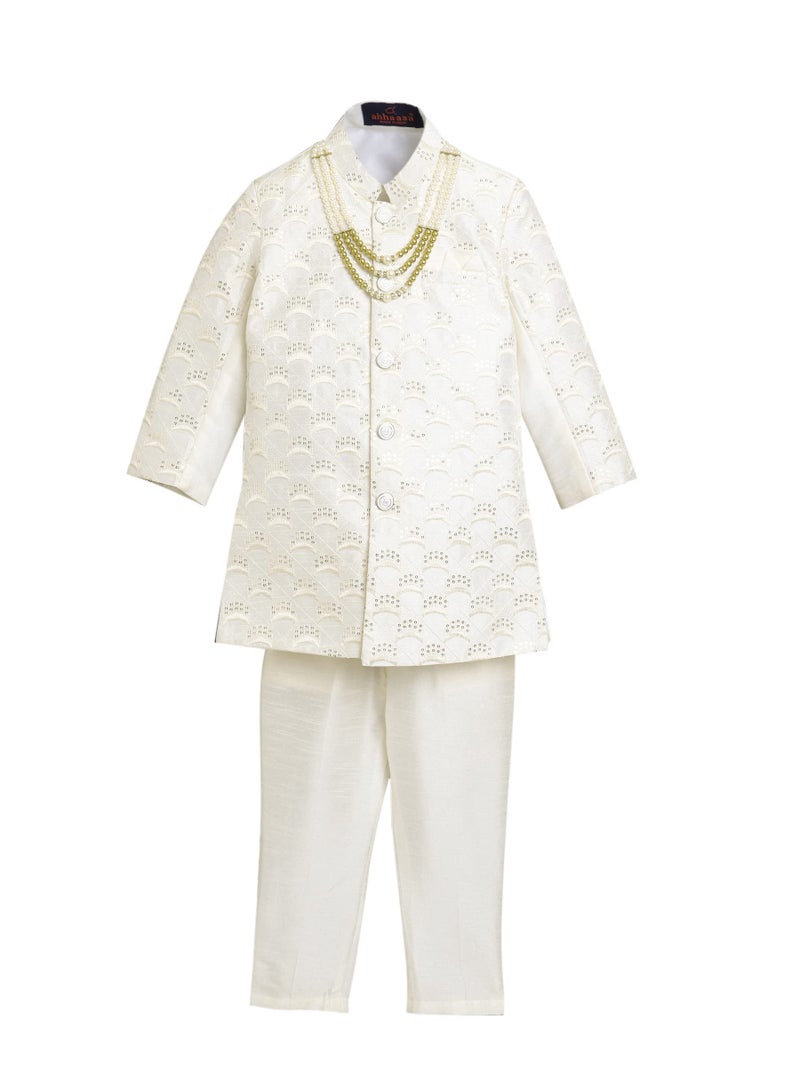 AHHAAAA Kids Ethnic Cotton Silk Blend Sequin Print Indo-Western Sherwani Set for Boys (Cream, 10-11 Yrs) 496MF - Image 1