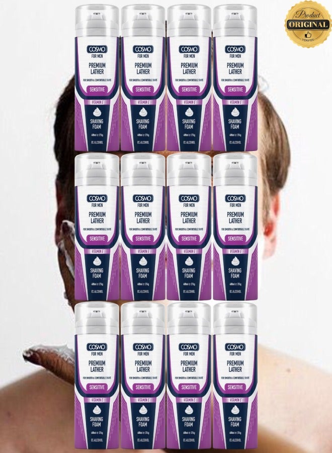 COSMO 12 Pieces Premium Lather For Smooth And Comfortable Shave Sensitive Vitamin E Shaving Foam 400ML  - Image 1