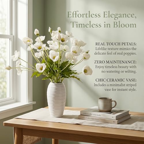 ATFL White Poppy Flowers Artificial for Wedding Decorations,12 Pcs Fake Faux Silk Poppies Bulk for Home Decor Table Centerpieces Floral Arrangement (23.5‘’, White) - Image 2