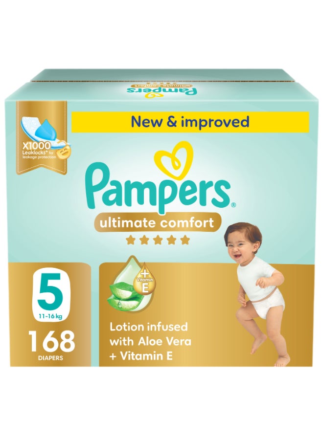 Pampers Premium Care Taped Baby Diapers, Size 5, 11-16kg, Unique Softest Absorption for Ultimate Skin Protection, 168 Count