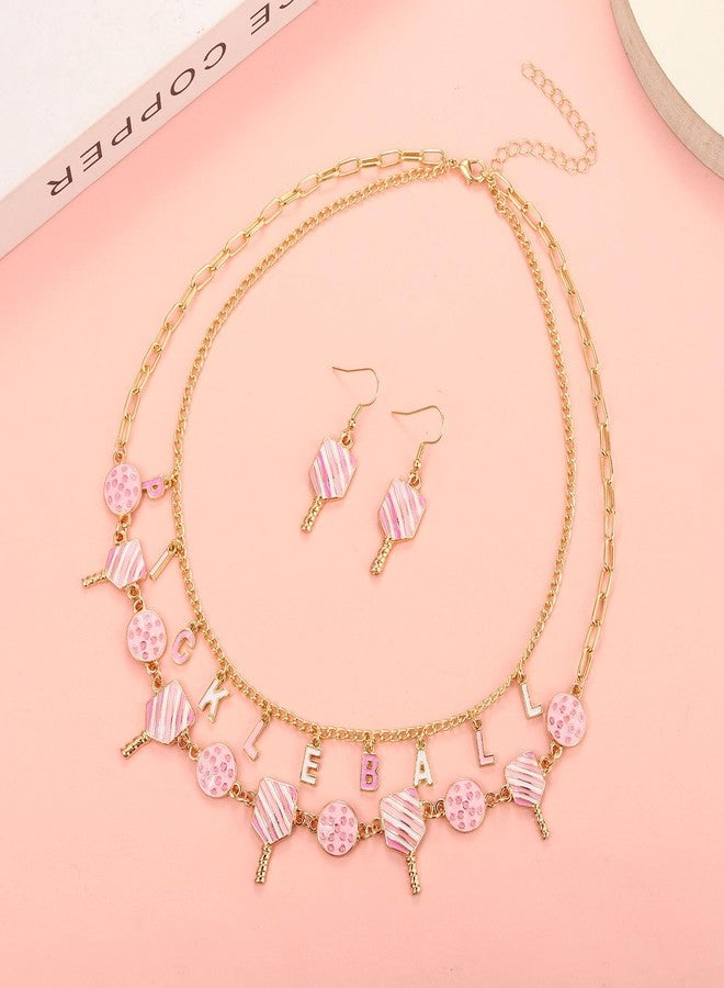 PHALIN Pickleball Necklace Earrings for Women Layered Pickleball Choker Necklace Pickleball Paddle Earrings Game Day Sport Pickleball Jewelry Accessories Gifts (Pink) - Image 4