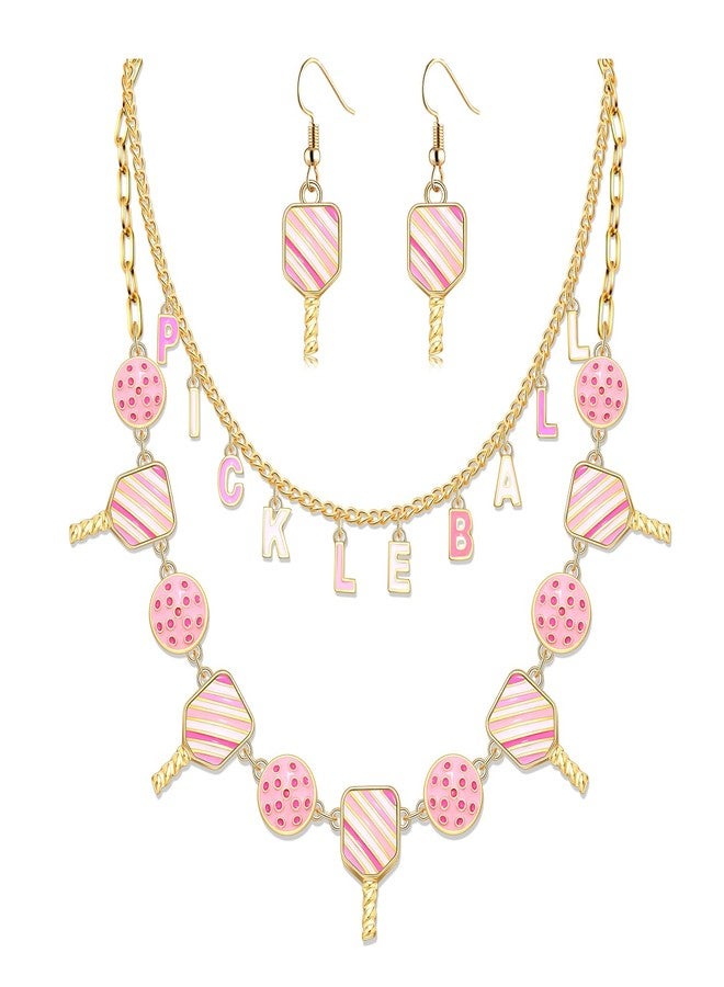 PHALIN Pickleball Necklace Earrings for Women Layered Pickleball Choker Necklace Pickleball Paddle Earrings Game Day Sport Pickleball Jewelry Accessories Gifts (Pink) - Image 1