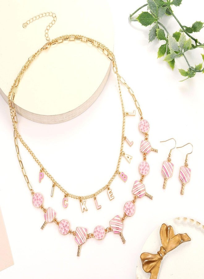 PHALIN Pickleball Necklace Earrings for Women Layered Pickleball Choker Necklace Pickleball Paddle Earrings Game Day Sport Pickleball Jewelry Accessories Gifts (Pink) - Image 3