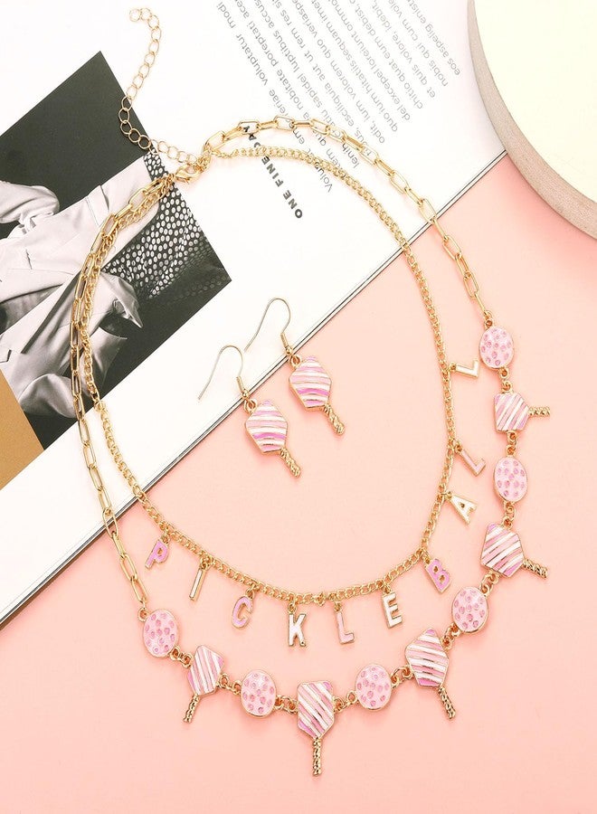 PHALIN Pickleball Necklace Earrings for Women Layered Pickleball Choker Necklace Pickleball Paddle Earrings Game Day Sport Pickleball Jewelry Accessories Gifts (Pink) - Image 2