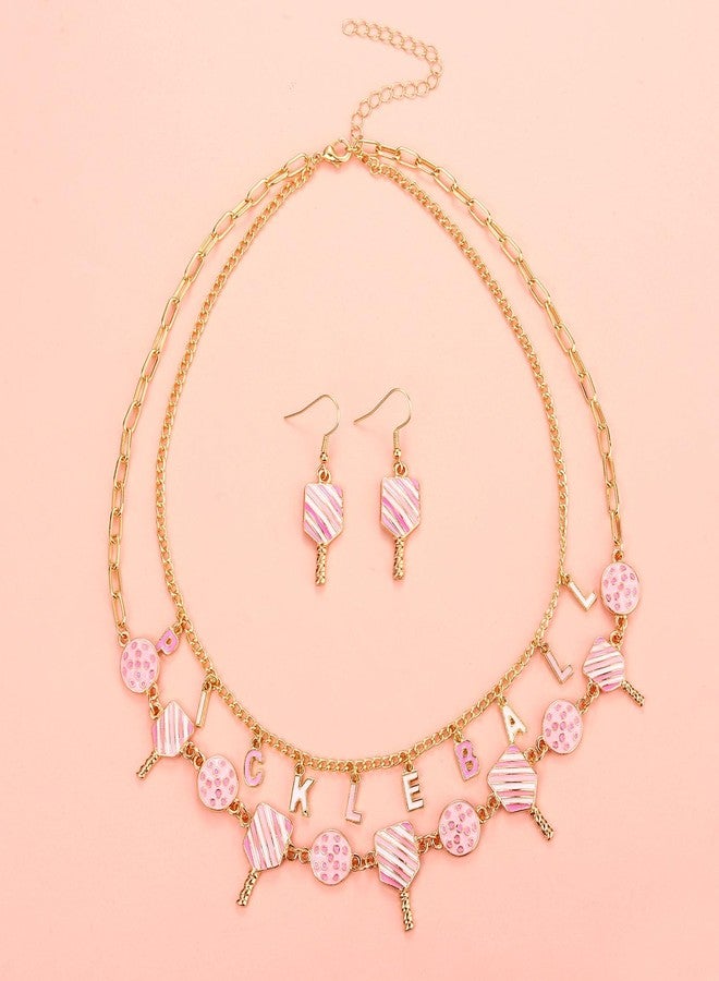PHALIN Pickleball Necklace Earrings for Women Layered Pickleball Choker Necklace Pickleball Paddle Earrings Game Day Sport Pickleball Jewelry Accessories Gifts (Pink) - Image 5