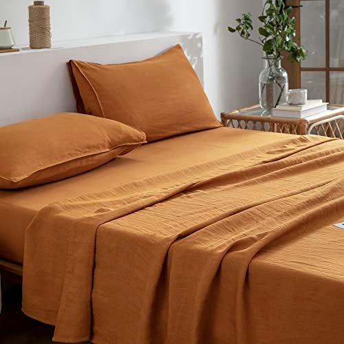 EVERLY Linen Sheets Set Queen Size,100% French Stonewash Pure Linen Sheets Set,4Pieces (1Flat Sheet,1Fitted Sheet,2Pillowcase) Suitable for Hot Sleepers,Deep Pocket Natural Bedding Set-Caramel-Queen - Image 3