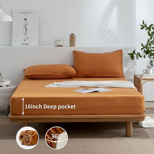 EVERLY Linen Sheets Set Queen Size,100% French Stonewash Pure Linen Sheets Set,4Pieces (1Flat Sheet,1Fitted Sheet,2Pillowcase) Suitable for Hot Sleepers,Deep Pocket Natural Bedding Set-Caramel-Queen - Image 5