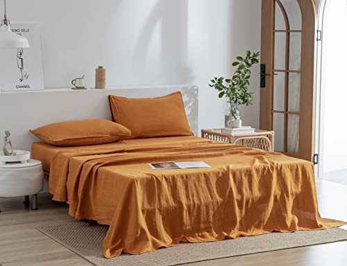 EVERLY Linen Sheets Set Queen Size,100% French Stonewash Pure Linen Sheets Set,4Pieces (1Flat Sheet,1Fitted Sheet,2Pillowcase) Suitable for Hot Sleepers,Deep Pocket Natural Bedding Set-Caramel-Queen - Image 2