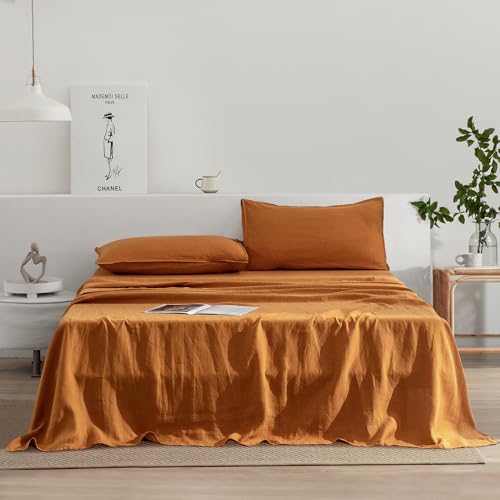 EVERLY Linen Sheets Set Queen Size,100% French Stonewash Pure Linen Sheets Set,4Pieces (1Flat Sheet,1Fitted Sheet,2Pillowcase) Suitable for Hot Sleepers,Deep Pocket Natural Bedding Set-Caramel-Queen - Image 1