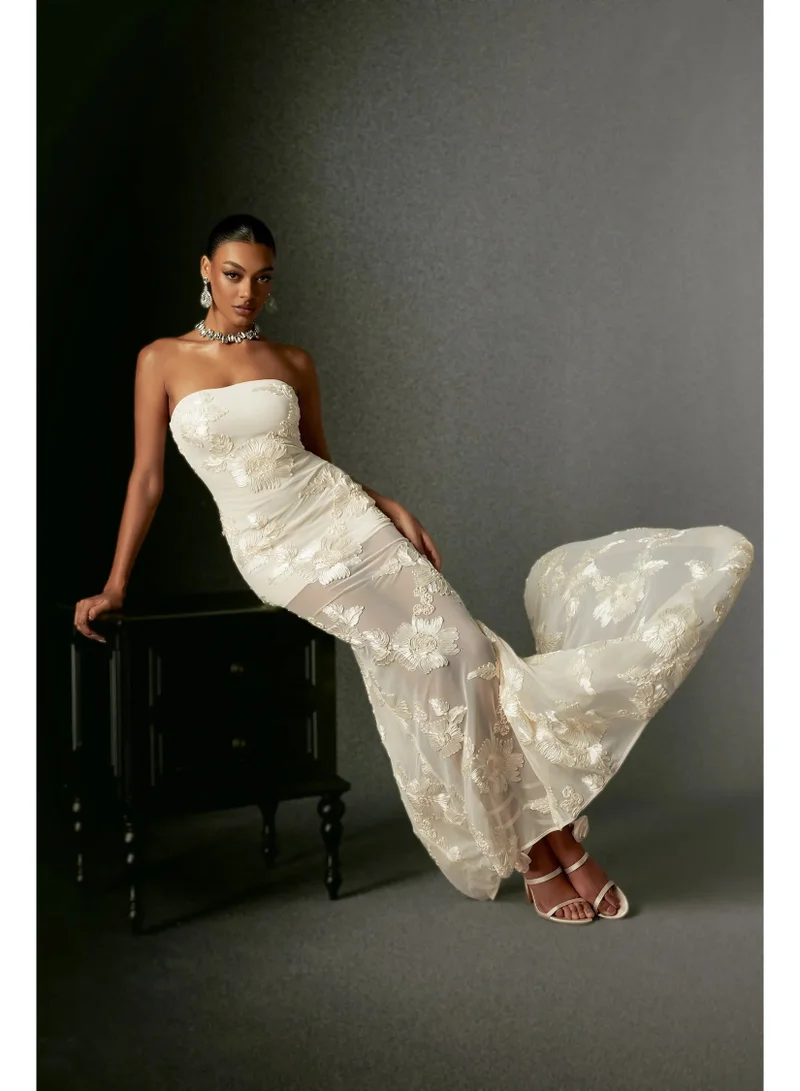 Bella Barnett  Deliyn Strapless Embroidery Flower Mesh Maxi Dress for Women | Best Price UAE