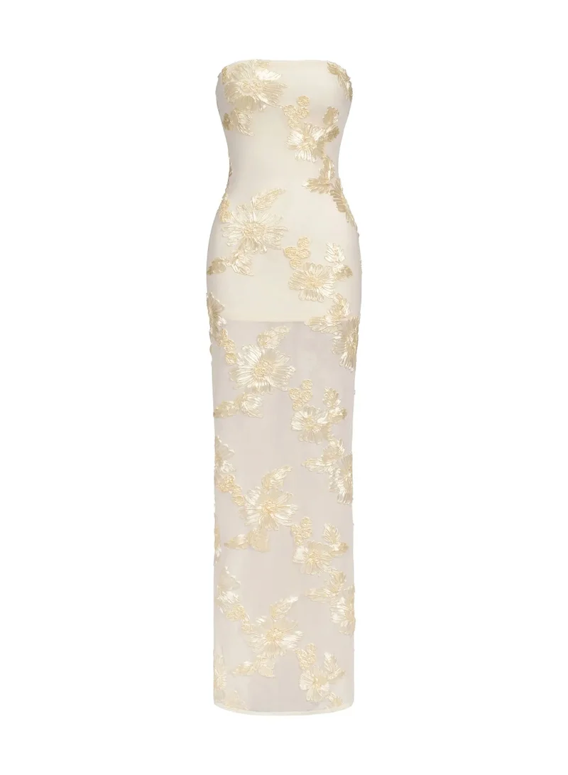 Bella Barnett Deliyn Strapless Embroidery Flower Mesh Maxi Dress