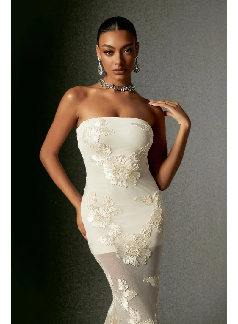 Bella Barnett  Deliyn Strapless Embroidery Flower Mesh Maxi Dress for Women | Best Price UAE