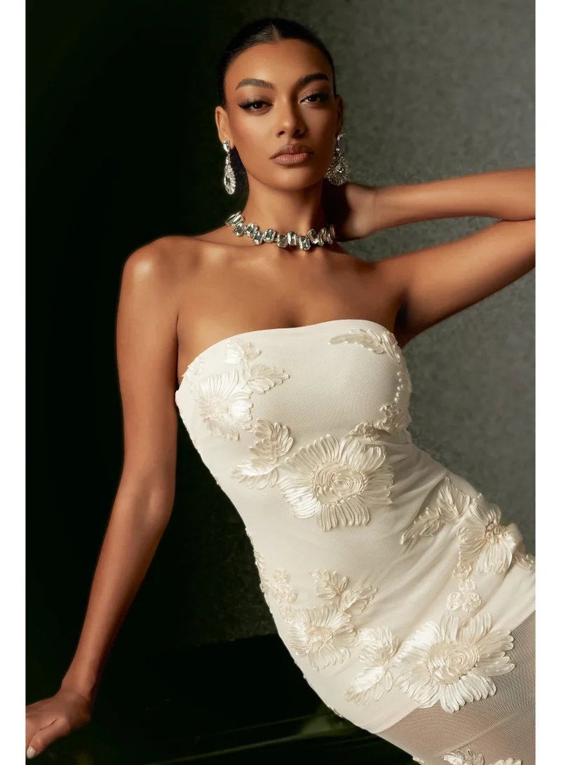 Bella Barnett  Deliyn Strapless Embroidery Flower Mesh Maxi Dress for Women | Best Price UAE